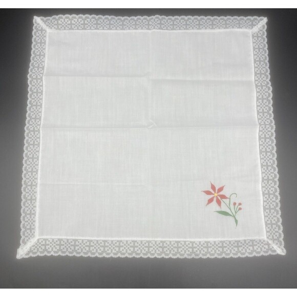 VTG Homemade White Cotton Napkins W/ Red & Green Flower & Lace Edge 16.5” -4 PC - Picture 7 of 10